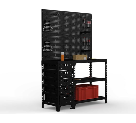 Изображение товара Стол-верстак ООО Металекс c одной тумбой 950x1200x600 + двойная перфопанель с комплектом аксессуаров, чёрный 117331