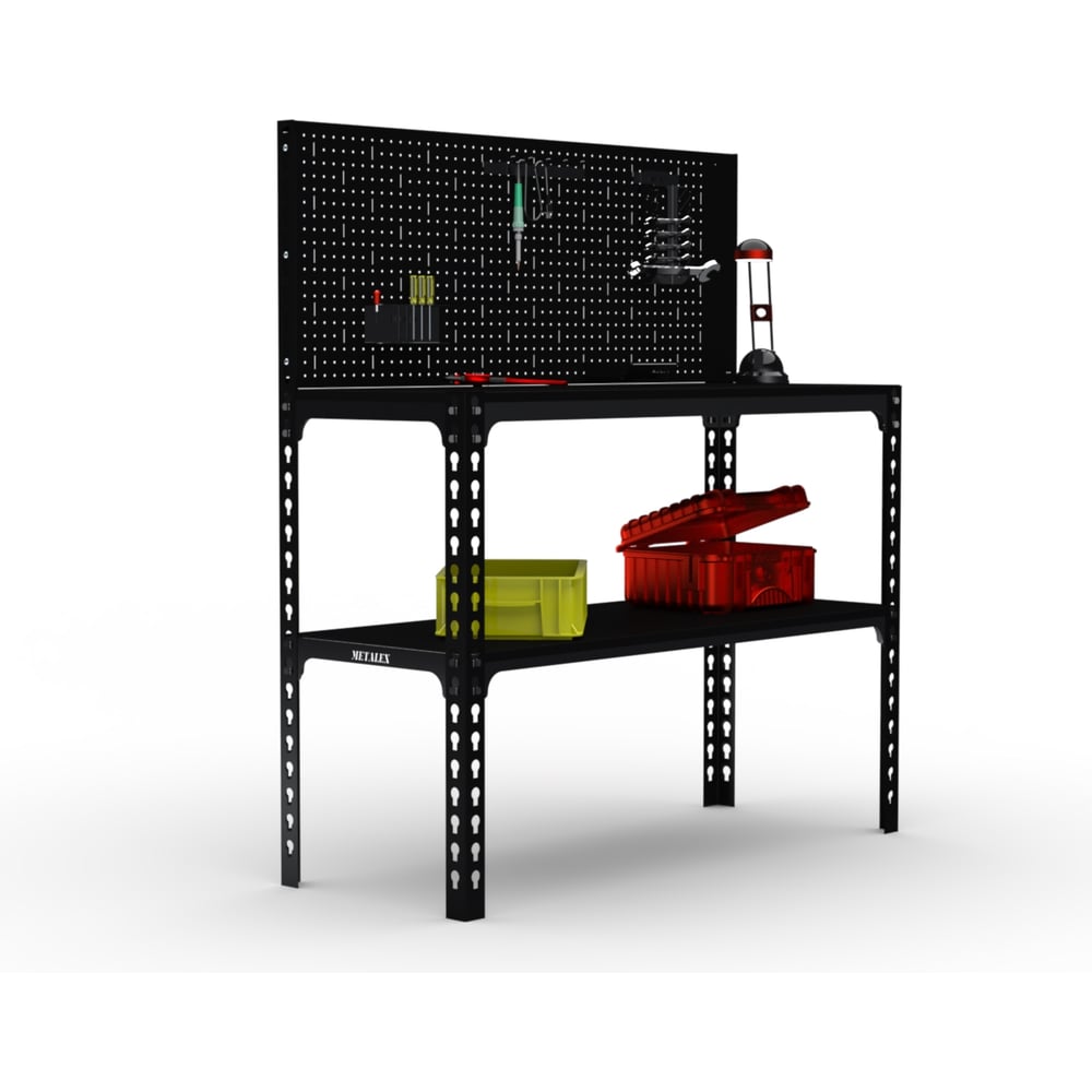 Изображение товара Стол-верстак ООО Металекс 950x1800x400, одна полка + перфопанель с комплектом аксессуаров, чёрный 117198