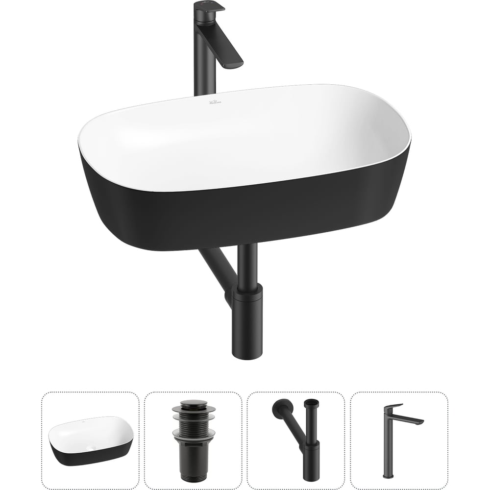 Изображение товара Набор Wellsee 4 в 1 Ground Breaking накладная раковина 61x39 см черный и белый матовые
