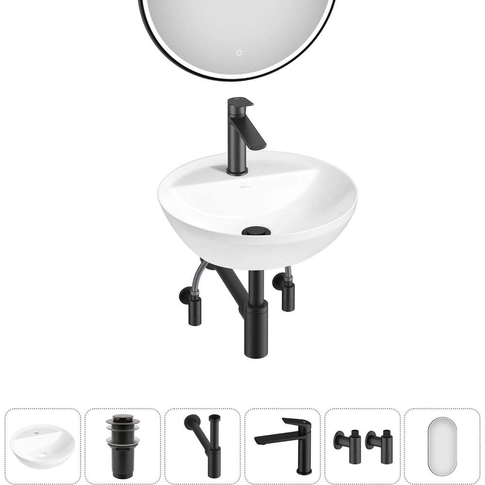 Изображение товара Набор ванная раковина белая с зеркалом и смесителем Wellsee 6 в 1 Cute Twin R