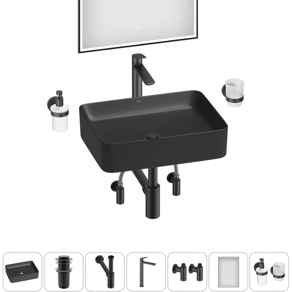 Изображение товара Набор Wellsee Mint 50x38 см матовый черный - накладная раковина с полным комплектом