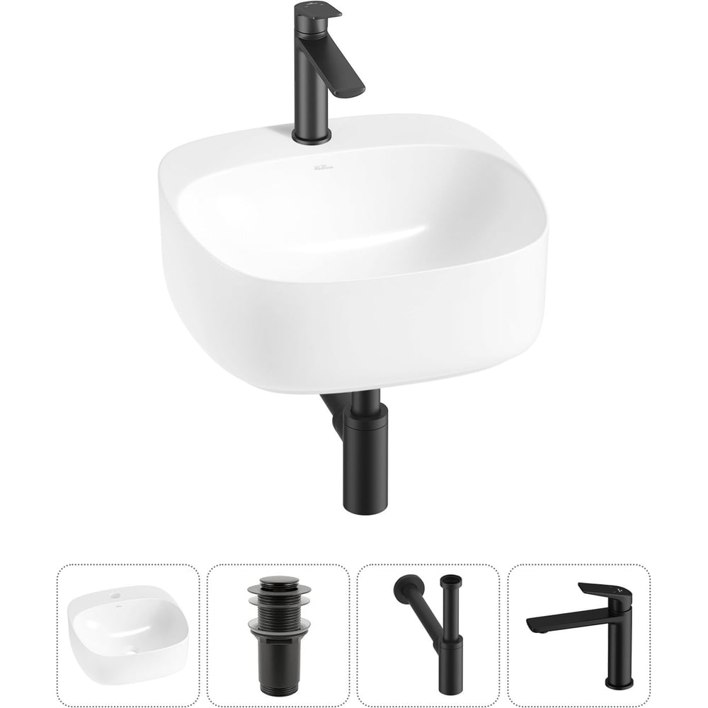 Изображение товара Набор Wellsee 4 в 1 Ideal накладная раковина 42x42 см с смесителем и аксессуарами