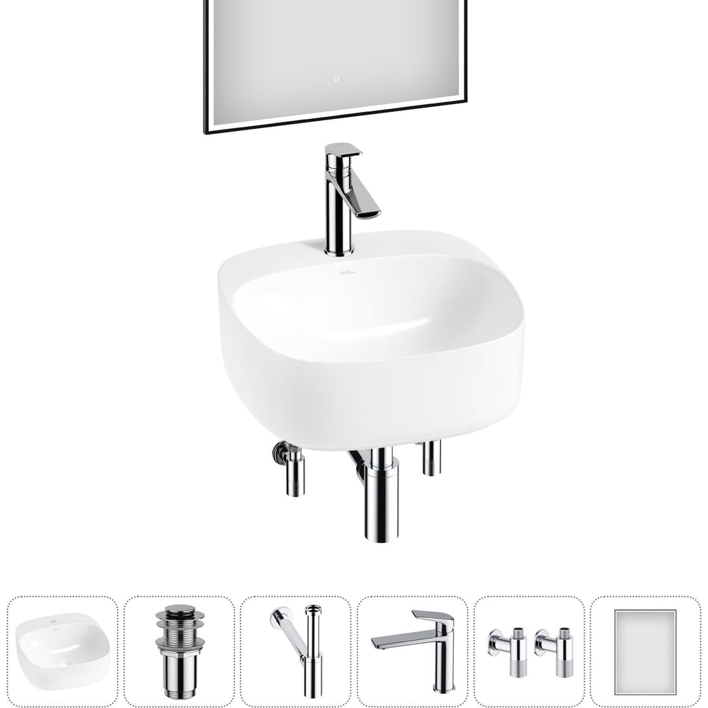 Изображение товара Набор Wellsee 6 в 1 Ideal накладная раковина 42x42 см с смесителем и зеркалом