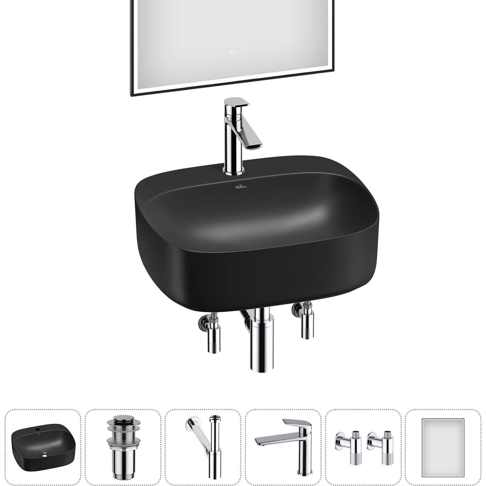 Изображение товара Набор Wellsee 6 в 1 Ideal накладная раковина 50x42 см с смесителем и зеркалом