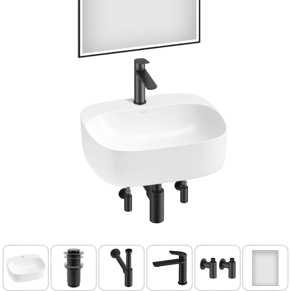 Изображение товара Набор Wellsee 6 в 1 Ideal накладная раковина 50x42 см с зеркалом и сифоном