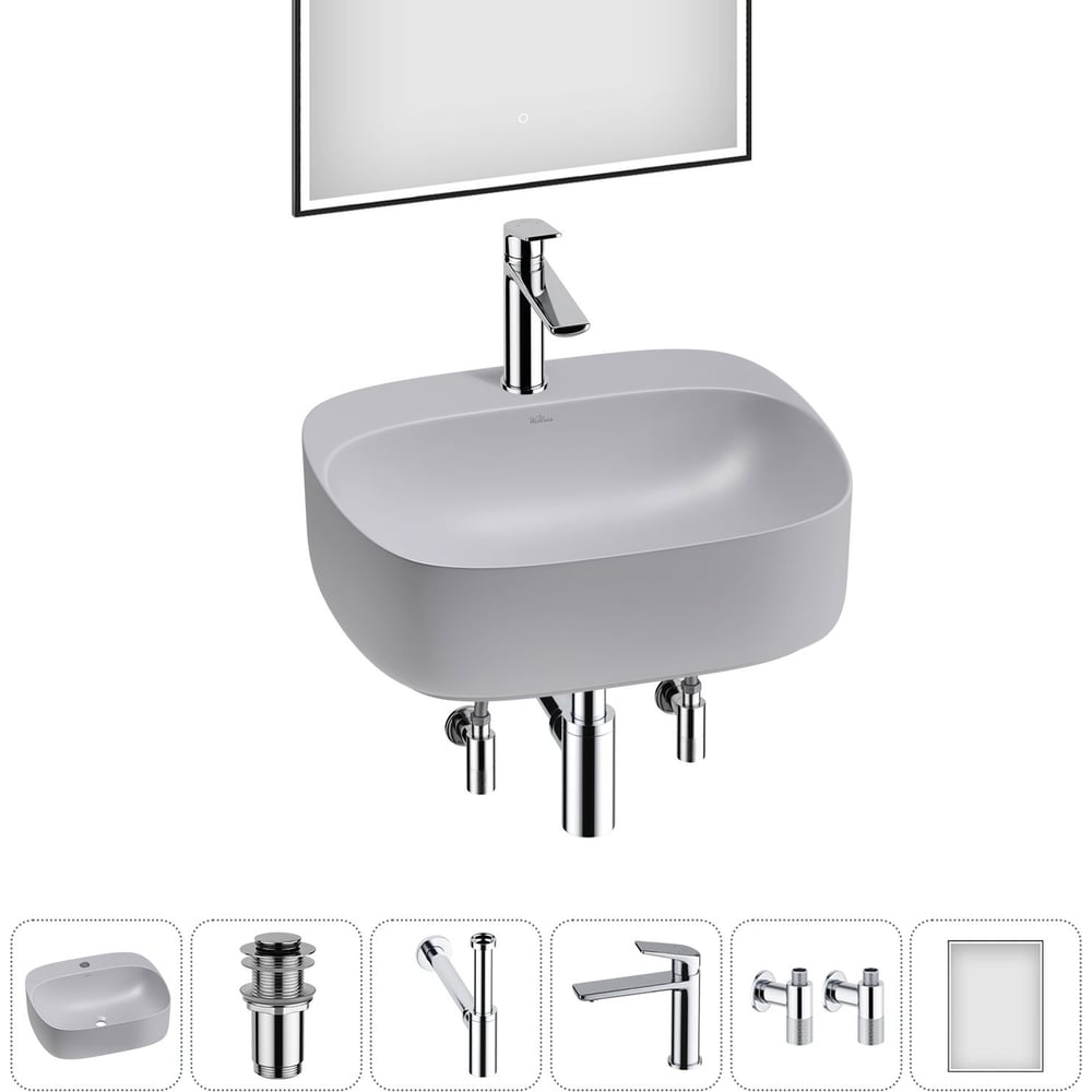 Изображение товара Набор Wellsee 6 в 1 Ideal накладная раковина 50x42 см с смесителем зеркалом