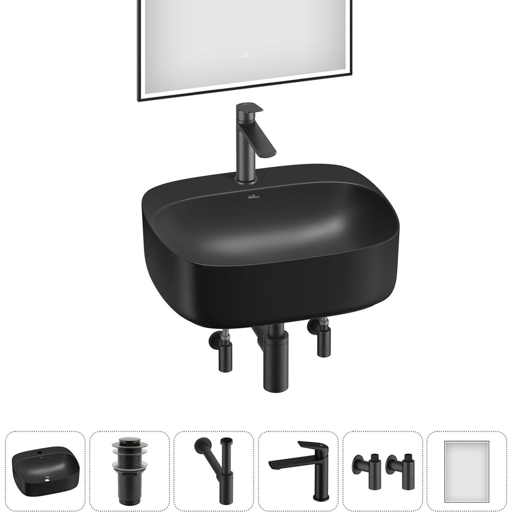 Изображение товара Набор Wellsee 6 в 1 Ideal накладная раковина 50x42 см современный черный фарфор