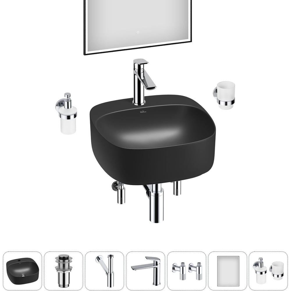 Изображение товара Набор Wellsee 7 в 1 Ideal накладная раковина 42x42 см с смесителем и аксессуарами