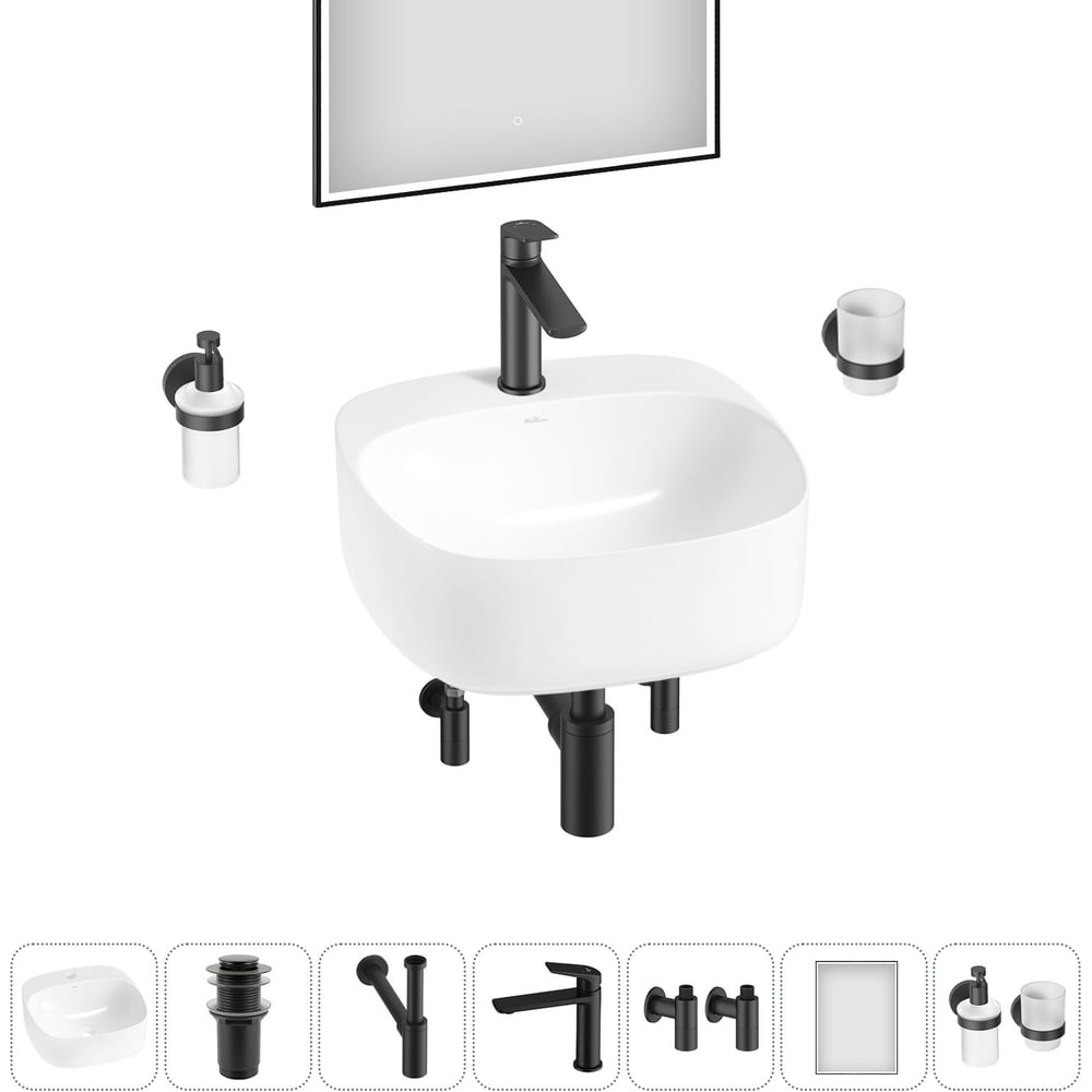 Изображение товара Комплект для ванной комнаты Wellsee 7 в 1 Ideal накладная раковина 42x42 см с керамическим фарфором