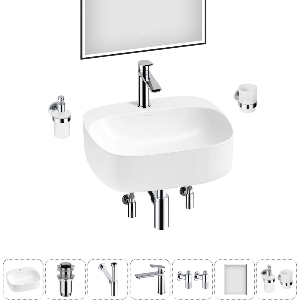 Изображение товара Набор Wellsee 7 в 1 Ideal для ванной накладная раковина 50x42 см белый фарфор