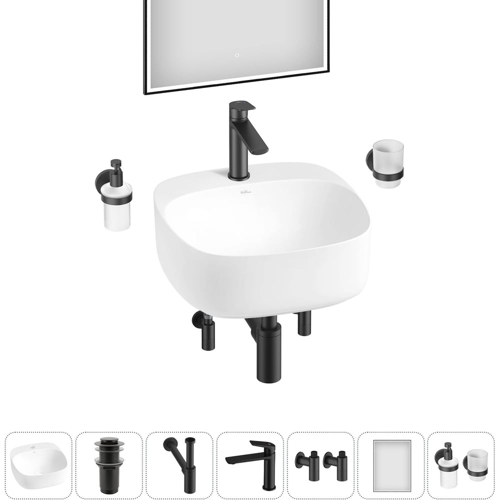 Изображение товара Набор Wellsee 7 в 1 Ideal накладная раковина 42x42 см с смесителем и аксессуарами