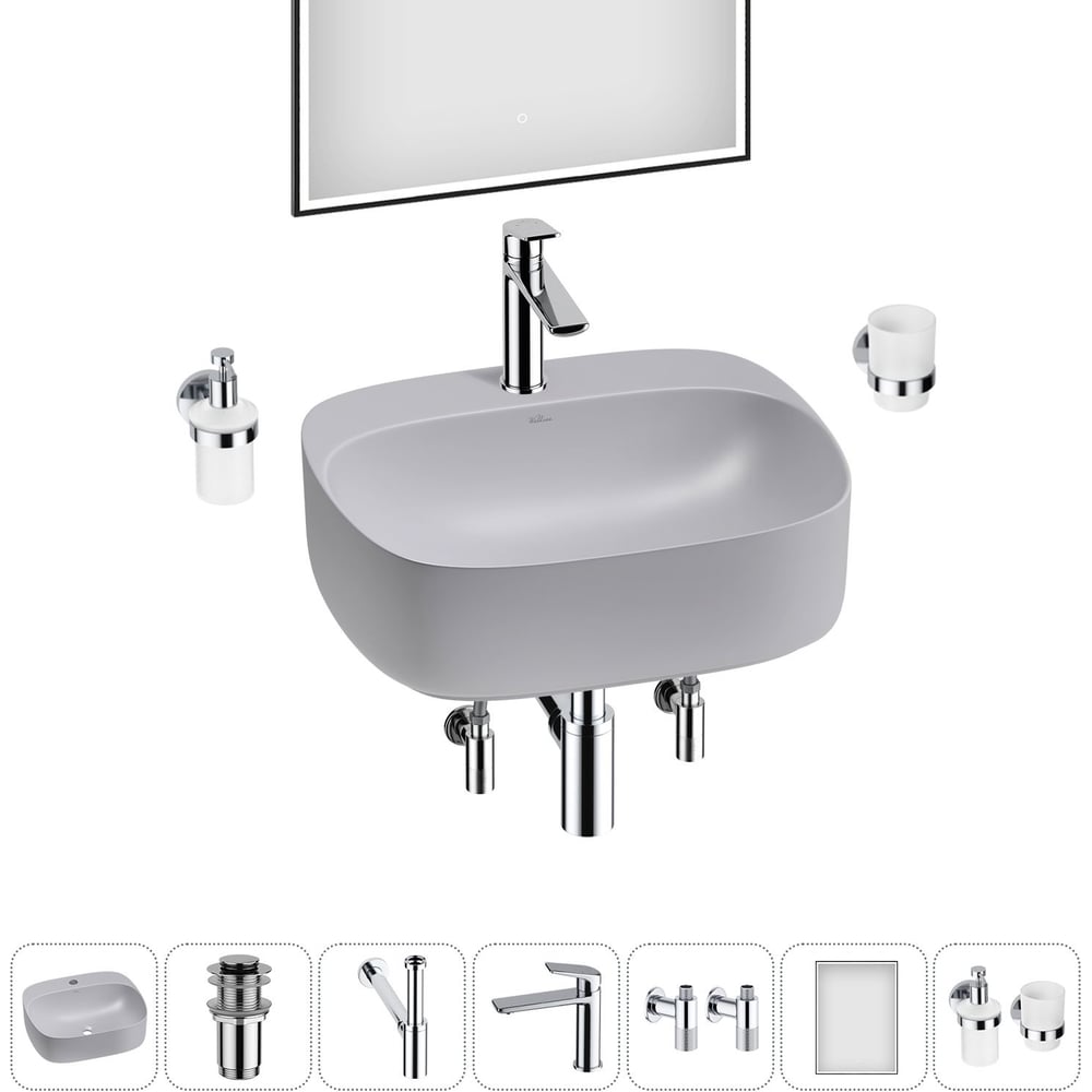 Изображение товара Набор Wellsee 7 в 1 Ideal накладная раковина 50x42 см с смесителем зеркалом и аксессуарами
