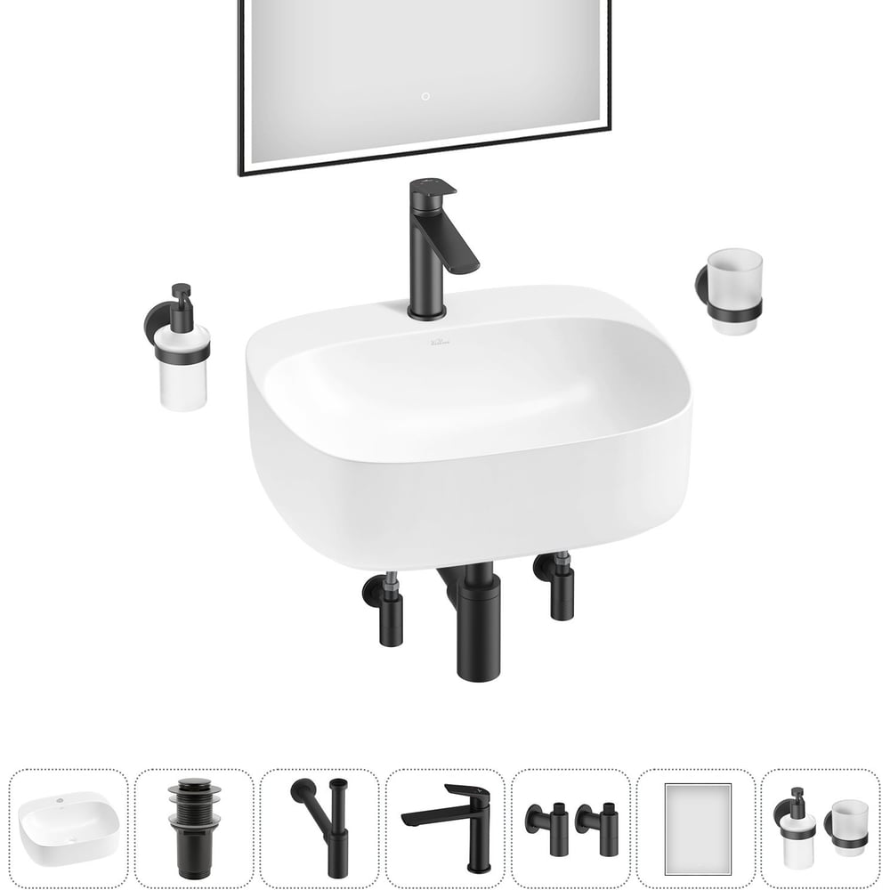 Изображение товара Набор Wellsee 7 в 1 Ideal накладная раковина 50x42 см белый фарфор с аксессуарами