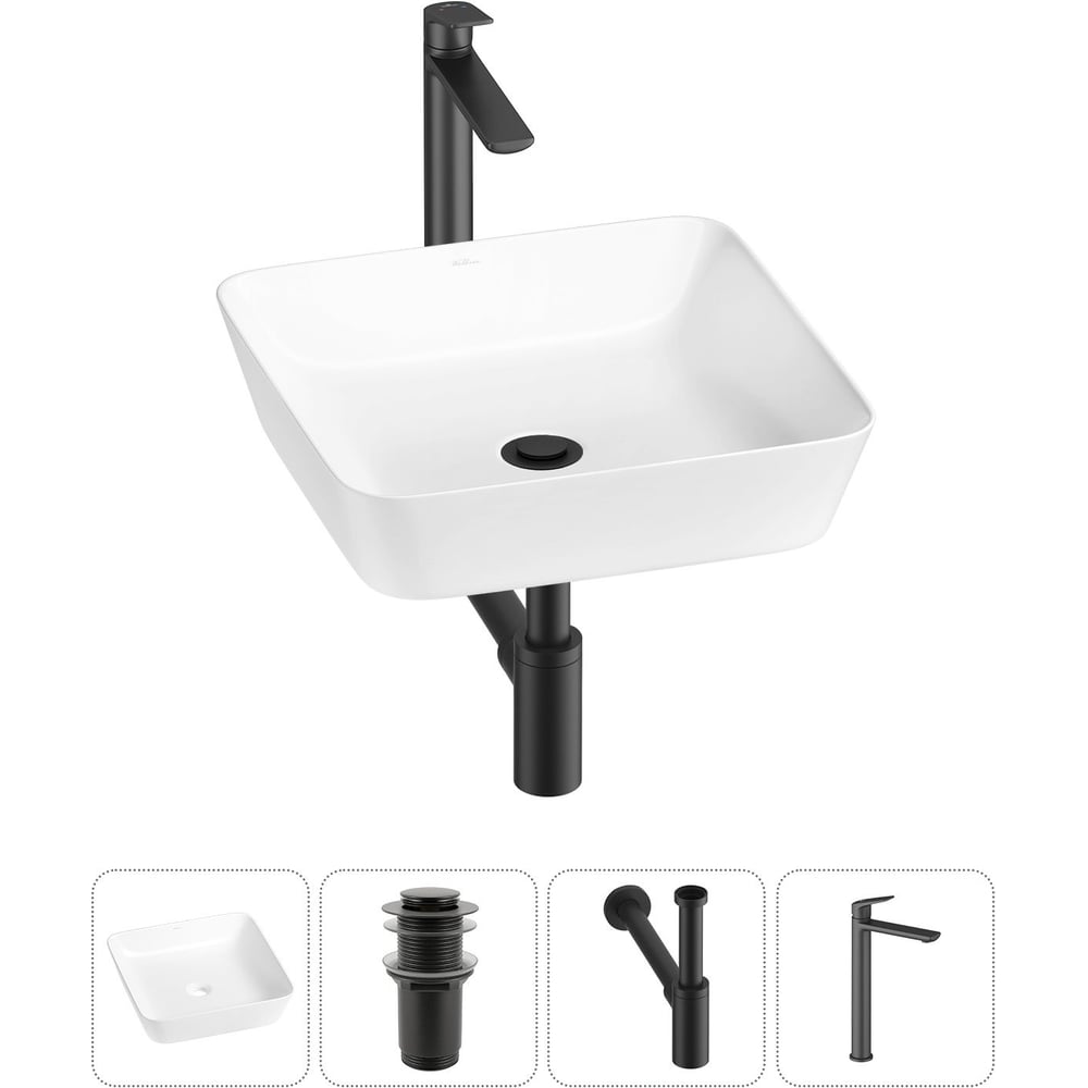 Изображение товара Набор Wellsee 4 в 1 Cromulent накладная раковина 44x44 см с смесителем и сифоном