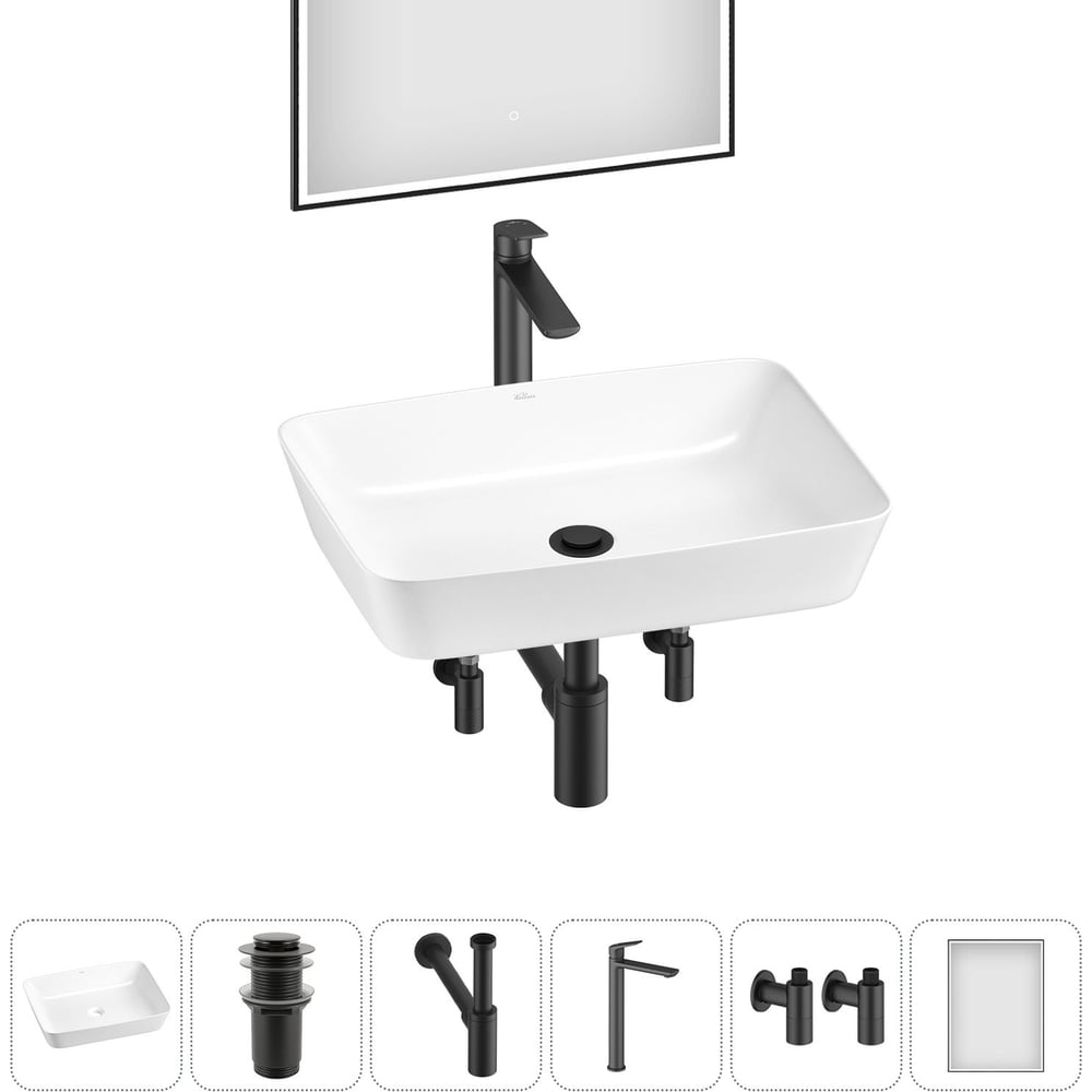 Изображение товара Набор Wellsee 6 в 1 Cromulent накладная раковина 56x40 см с зеркалом и смесителем