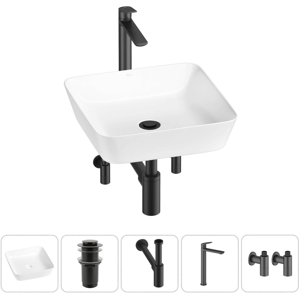 Изображение товара Набор Wellsee 5 в 1 Cromulent накладная раковина 44x44 см с смесителем фаянс