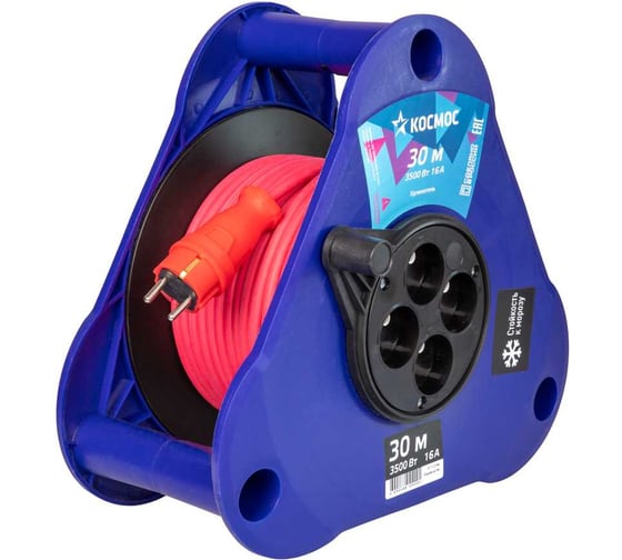 Изображение товара Удлинитель КОСМОС (катушка-треуг) 16А 3500Вт 4 гн КГ 2x2,5 (30м) УКП YKTKsm30m-4g(2.5)KG
