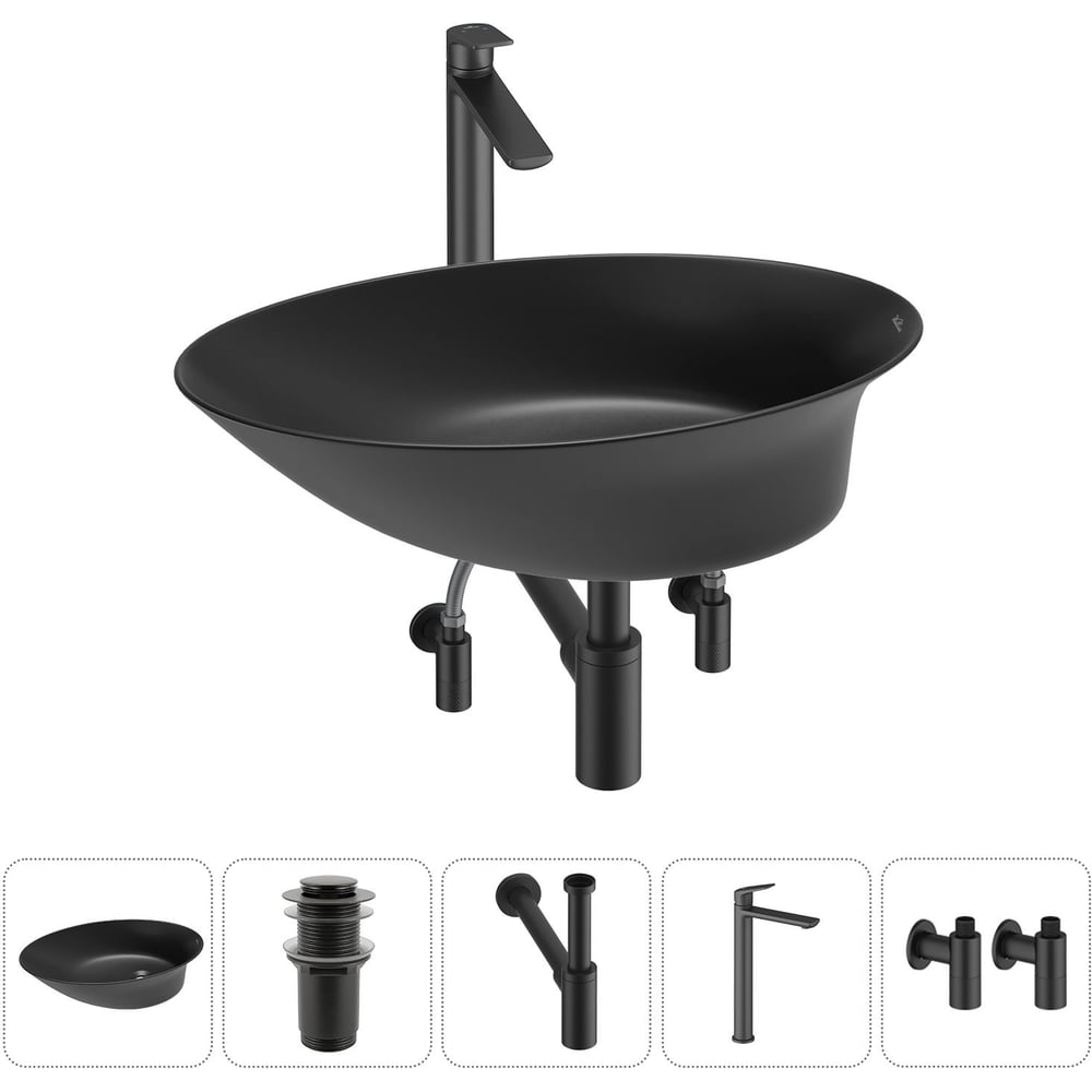 Изображение товара Набор Wellsee 5 в 1 Faze Moment накладная раковина 55x32 см черная фарфор