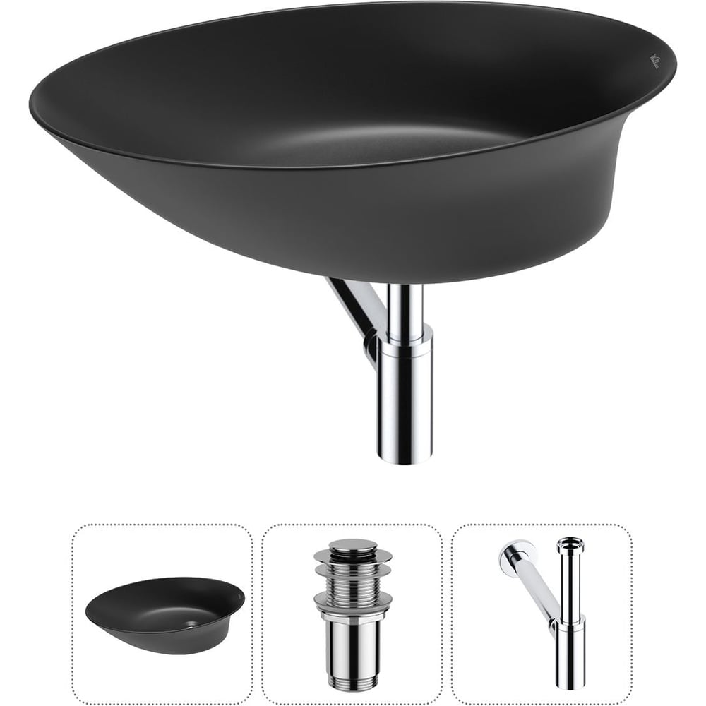 Изображение товара Набор раковина 55x32 см Wellsee 3 в 1 Faze Moment матовый черный фарфор