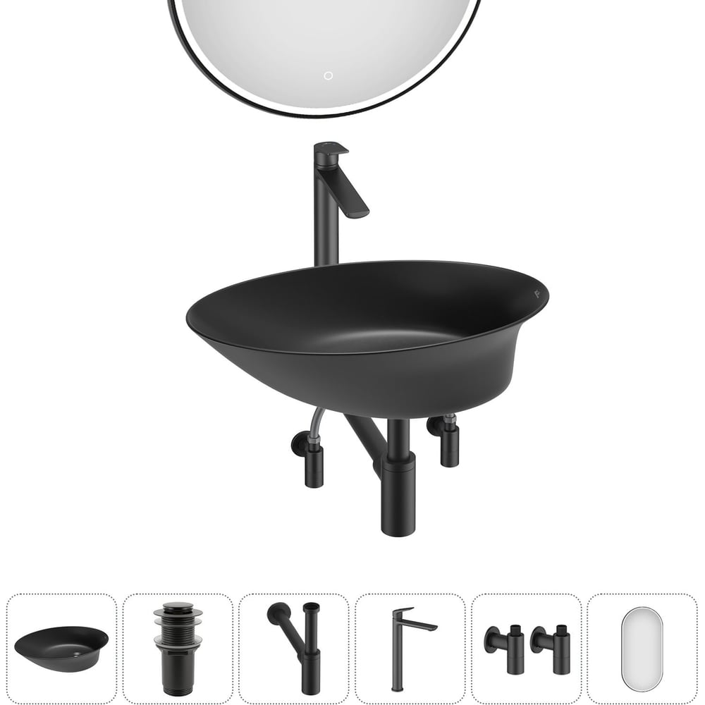 Изображение товара Накладная раковина Wellsee Faze Moment 55x32 см матовый черный с зеркалом