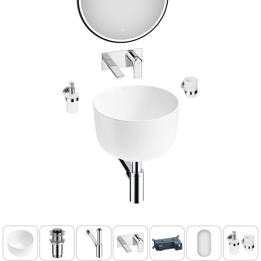 Изображение товара Набор для ванной Wellsee 6 в 1 Fontenay Paris накладная раковина 39 см смеситель зеркало