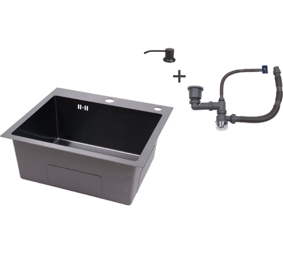 Изображение товара Мойка из нержавеющей стали Alcora Vegas 50х45 см, цвет черный, в комплекте сифон и диспенсер 2011611NB+3046506B+П32ВС