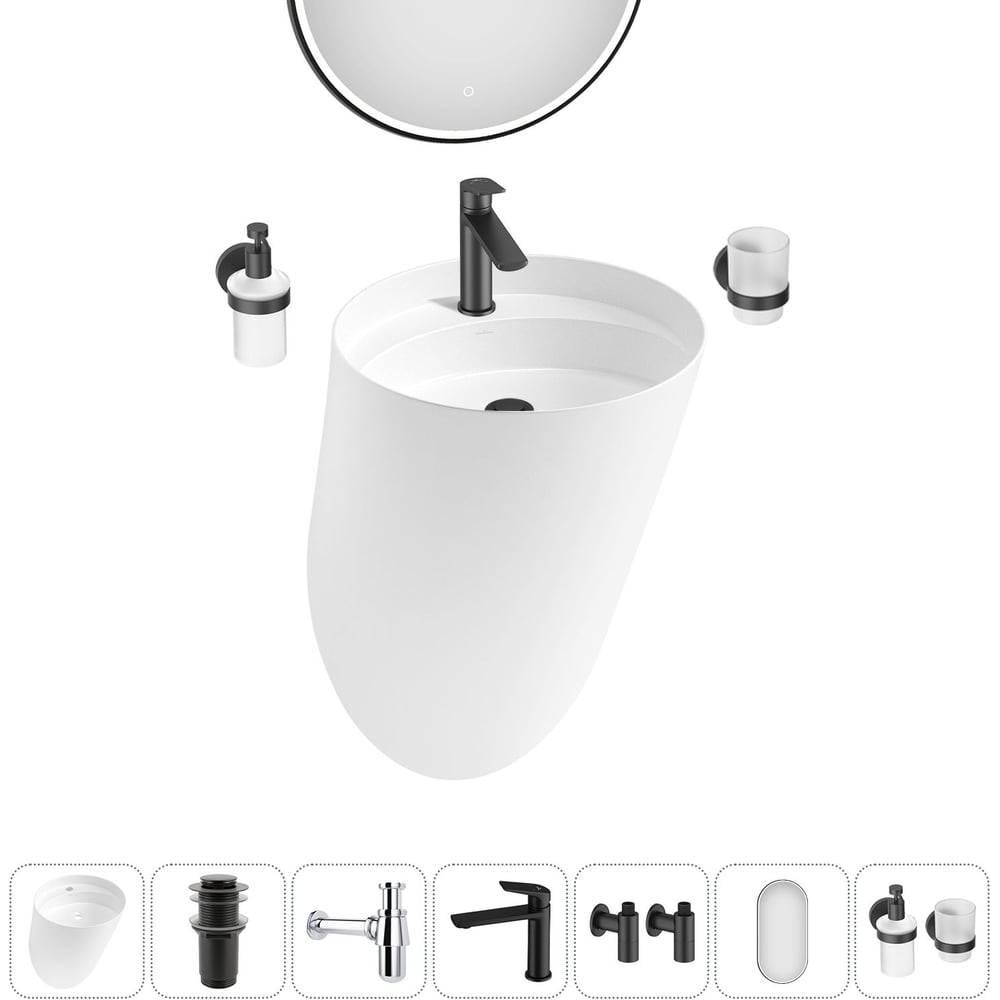 Изображение товара Набор для ванной комнаты Wellsee 7 в 1 M1 Limited Edition 45 см белая фарфоровая раковина и аксессу