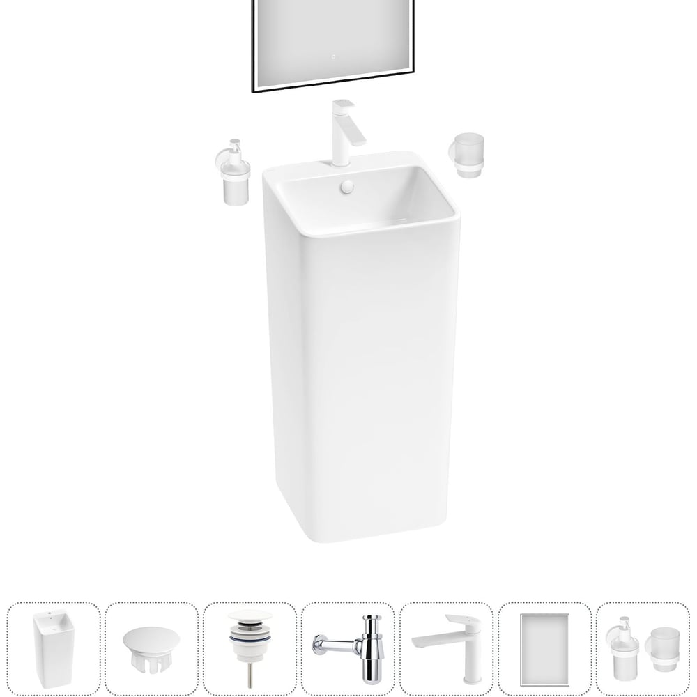 Изображение товара Набор напольной раковины Wellsee 7 в 1 Callipy Art с зеркалом смесителем и аксессуарами