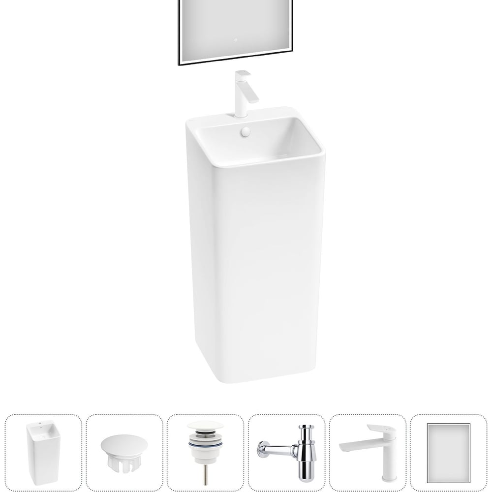 Изображение товара Набор Wellsee 6 в 1 Callipy Art напольная раковина 40x40 см белая с зеркалом и смесителем