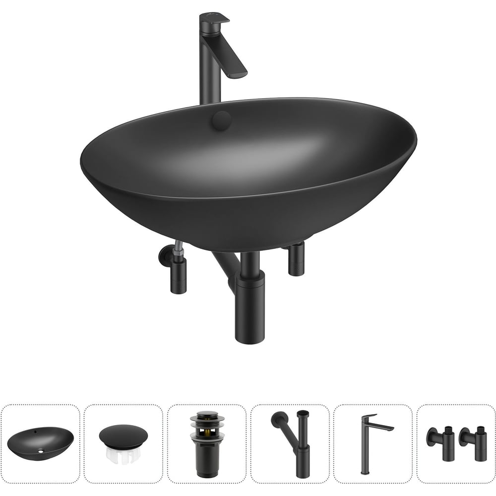 Изображение товара Набор Wellsee 6 в 1 Bliss накладная раковина 63x42 см матовый черный