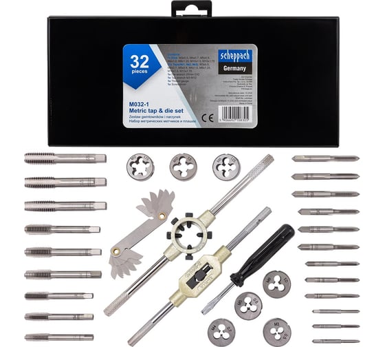 Изображение товара Набор метчиков и плашек Scheppach 32 предмета (М3x0.5,М4x0.7,М5x0.8,М6x1,М8x1.25,М10x1.5,М12x1.75) Sch-M032-1(64902)