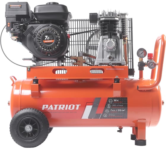 Изображение товара Компрессор бензиновый Patriot KGA 360 L50 - 360 л/мин, 10 бар, 50 л, 7 лс, быстросъем и «елочка» с вентилем 525102405