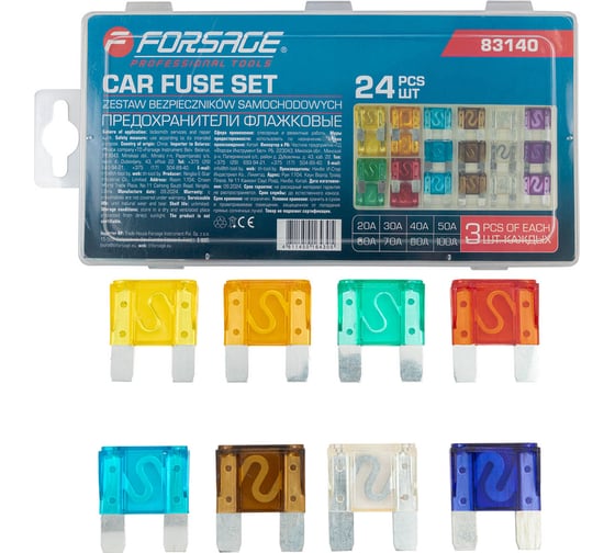 Изображение товара Предохранители плавкие флажковые автомобильные (от 20А до 100А), комплект 24 предмета Forsage F-FS-20(64839)