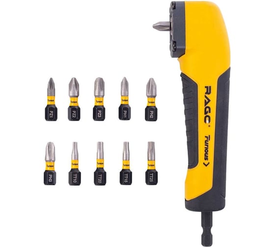 Изображение товара Насадка ударная угловая RAGE 1/4 с набором бит 11 шт HEX Furious 554378