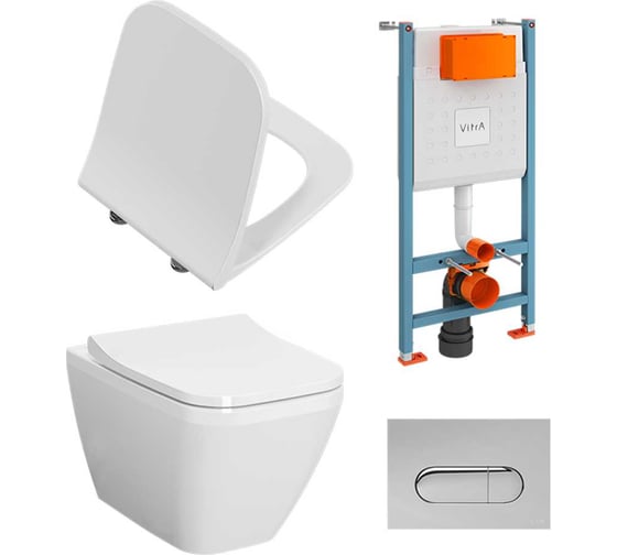 Изображение товара Комплект: Безободковый подвесной унитаз VITRA Integra Square, кнопка хром 9856B003-7207