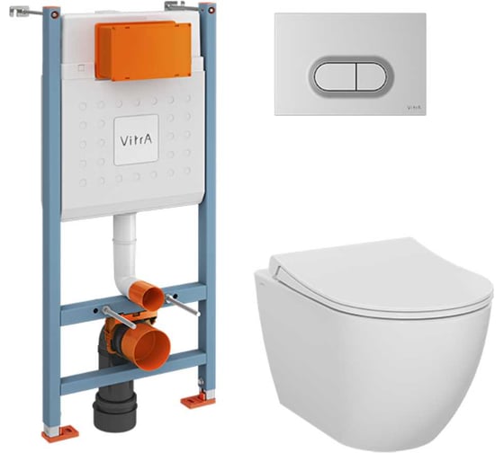 Изображение товара Комплект: Безободковый подвесной унитаз VITRA Mia Round, кнопка матовый хром 9856B003-7200