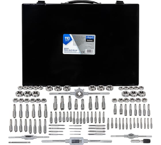 Изображение товара Набор метчиков и плашек Scheppach 110 предметов (2x0.4,3x0.5,4x0.7,5x0.8,6x0.75-1,8x0.75-1,25,9x0.75-1.25,10x0.75-1.5,11x0.75/1/1.25/1.5, 12x0.75-1.75,14x1-2,16x1-2,18x1.5) Sch-M110-1(64898)