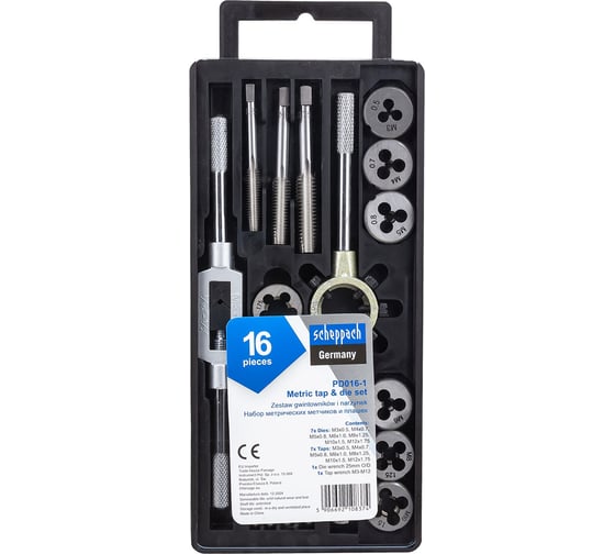 Изображение товара Набор метчиков и плашек метрический Scheppach 16 предметов (М3x0.5, М4x0.7, М5x0.8, М6x1, М8x1.25, М10x1.5, М12x1.75) Sch-PD016-1(64899)