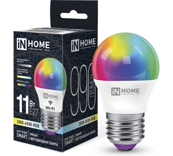 Изображение товара Лампа светодиодная IN HOME LED-ШАР-RGBW-SMART 11Вт 230В диммер Е27 3000-6500К 990Лм 4690612050058