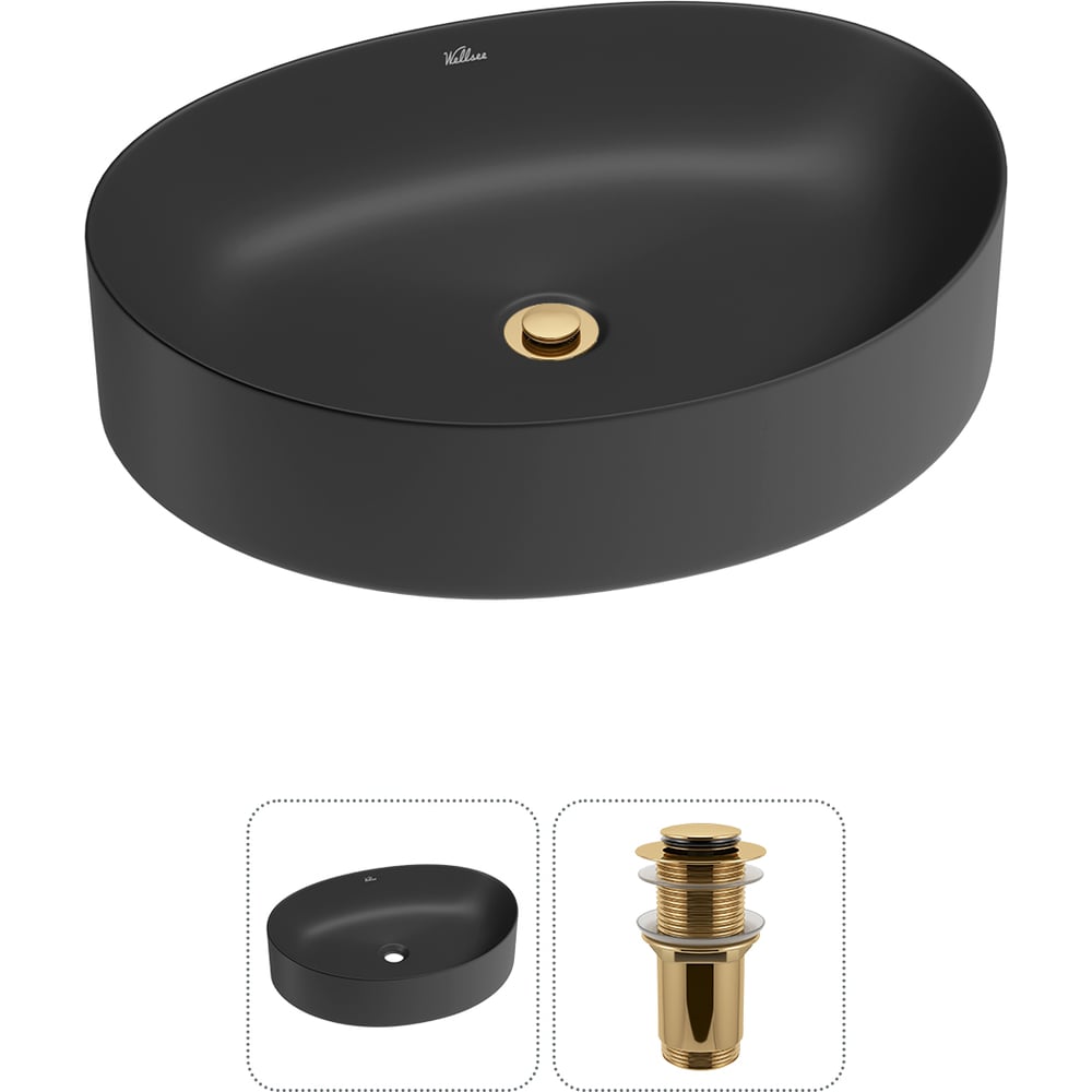 Изображение товара Накладная раковина Wellsee Belle Spa 2.0 50x38 см матовая черная с золотыми аксессуарами