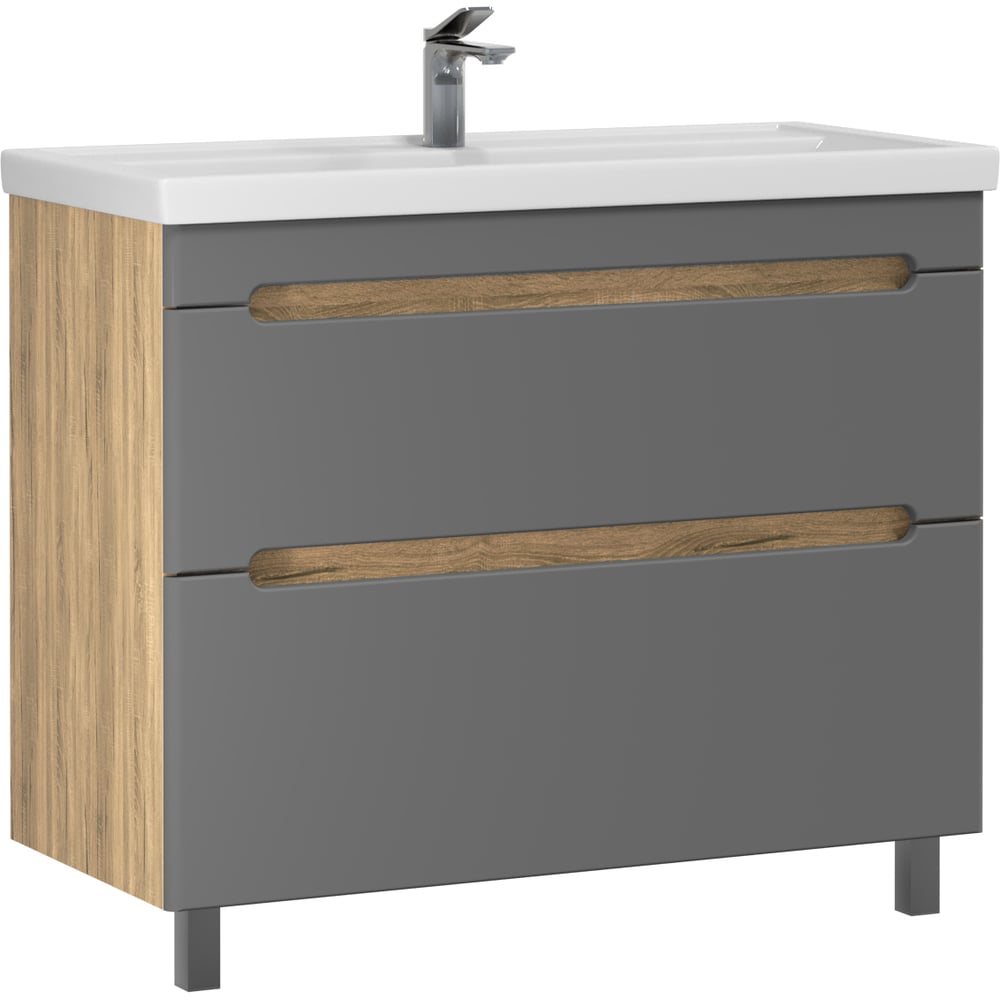 Изображение товара Тумба с раковиной RUVANN AQVI 100 + Фостер 100 в ванную напольная Графит софт, дуб вотан Т.AQVI.П-100НР-KIT-FOS