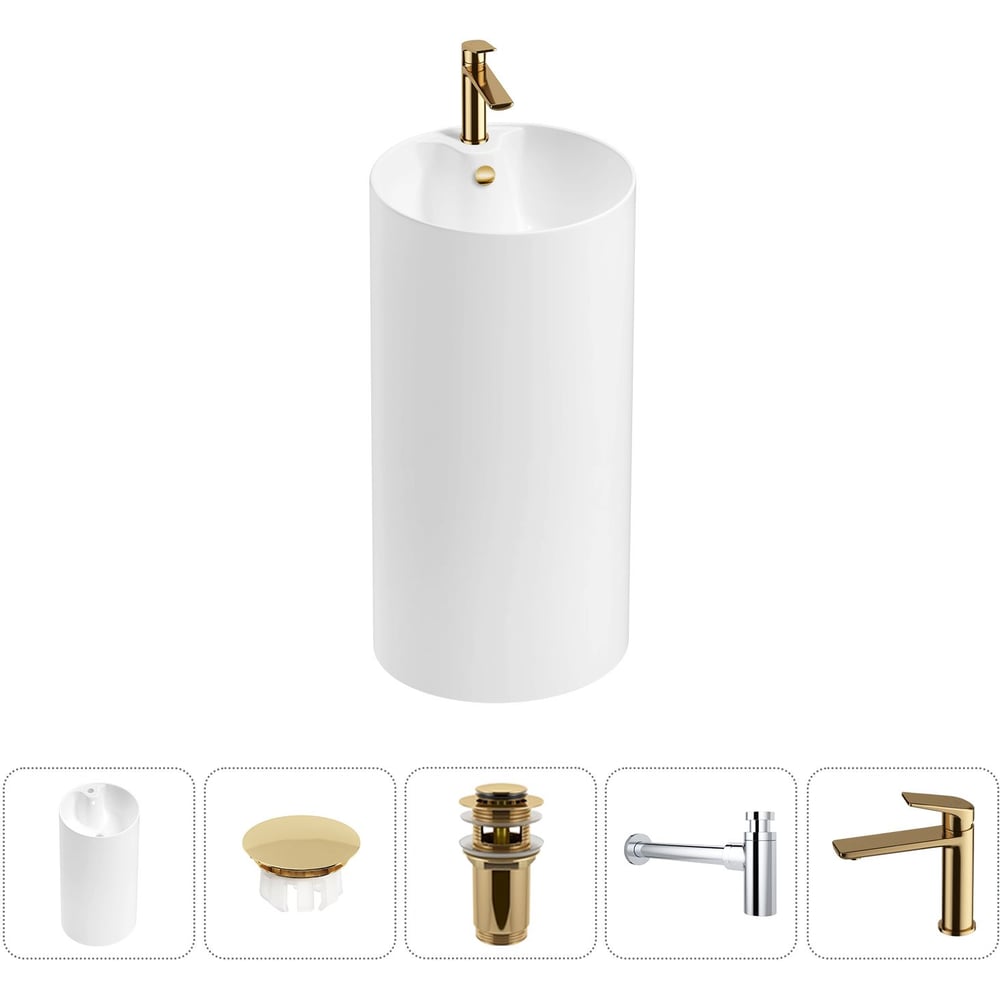 Изображение товара Набор напольной раковины Wellsee 5 в 1 Callipy Art белый с золотыми деталями