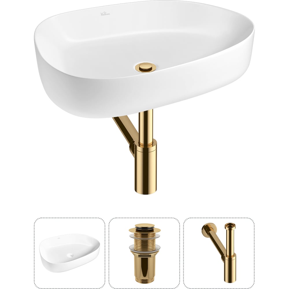 Изображение товара Накладная раковина Wellsee Belle Spa 3.0 55x40 см фарфор RefCeram белая с золотыми аксессуарами