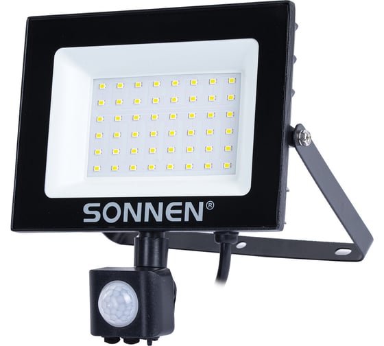 Изображение товара Прожектор светодиодный с датчиком движения SONNEN 50Вт, 6500К, 4000Лм, IP65, 187x176x51мм, черный, 238418