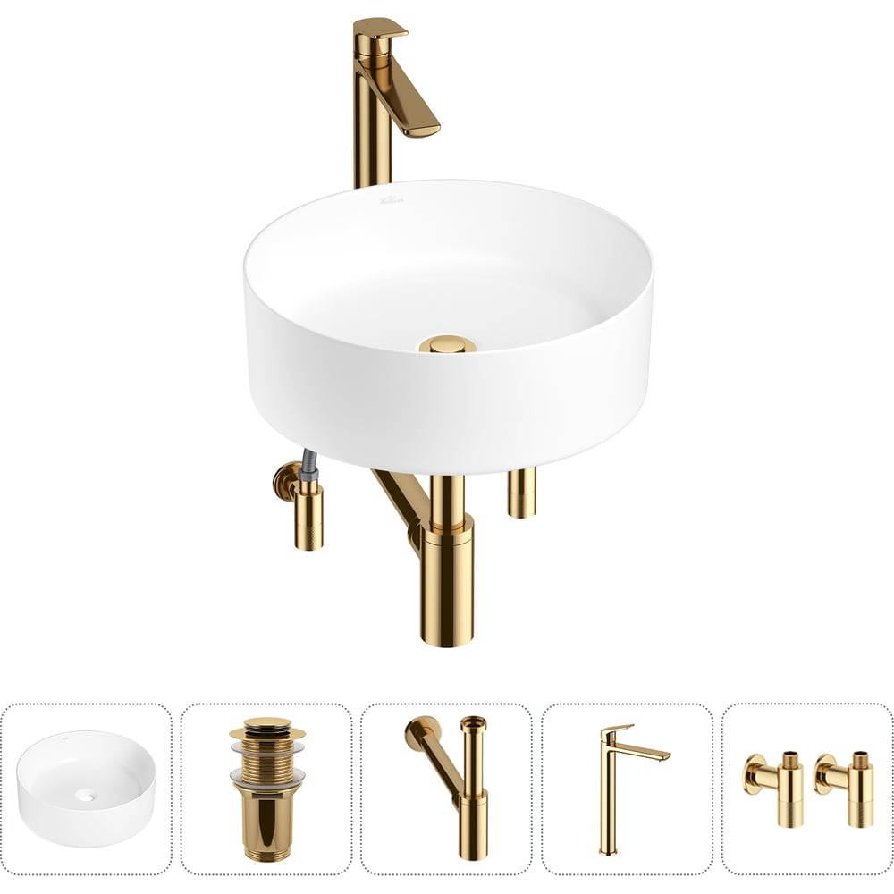 Изображение товара Набор Wellsee 5 в 1 Belle Spa накладная раковина 38x38 см с смесителем золото