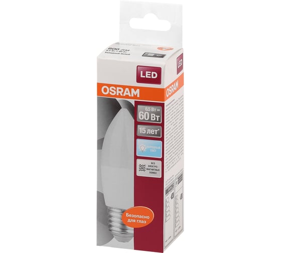 Изображение товара Светодиодная лампа OSRAM LED STAR B, свеча, 6.5Вт, E27, 550 Лм, 4000 К, нейтральный белый свет 4058075134201