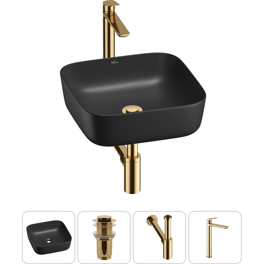 Изображение товара Набор Wellsee 4 в 1 Preen накладная раковина 39х39 см с смесителем и сифоном