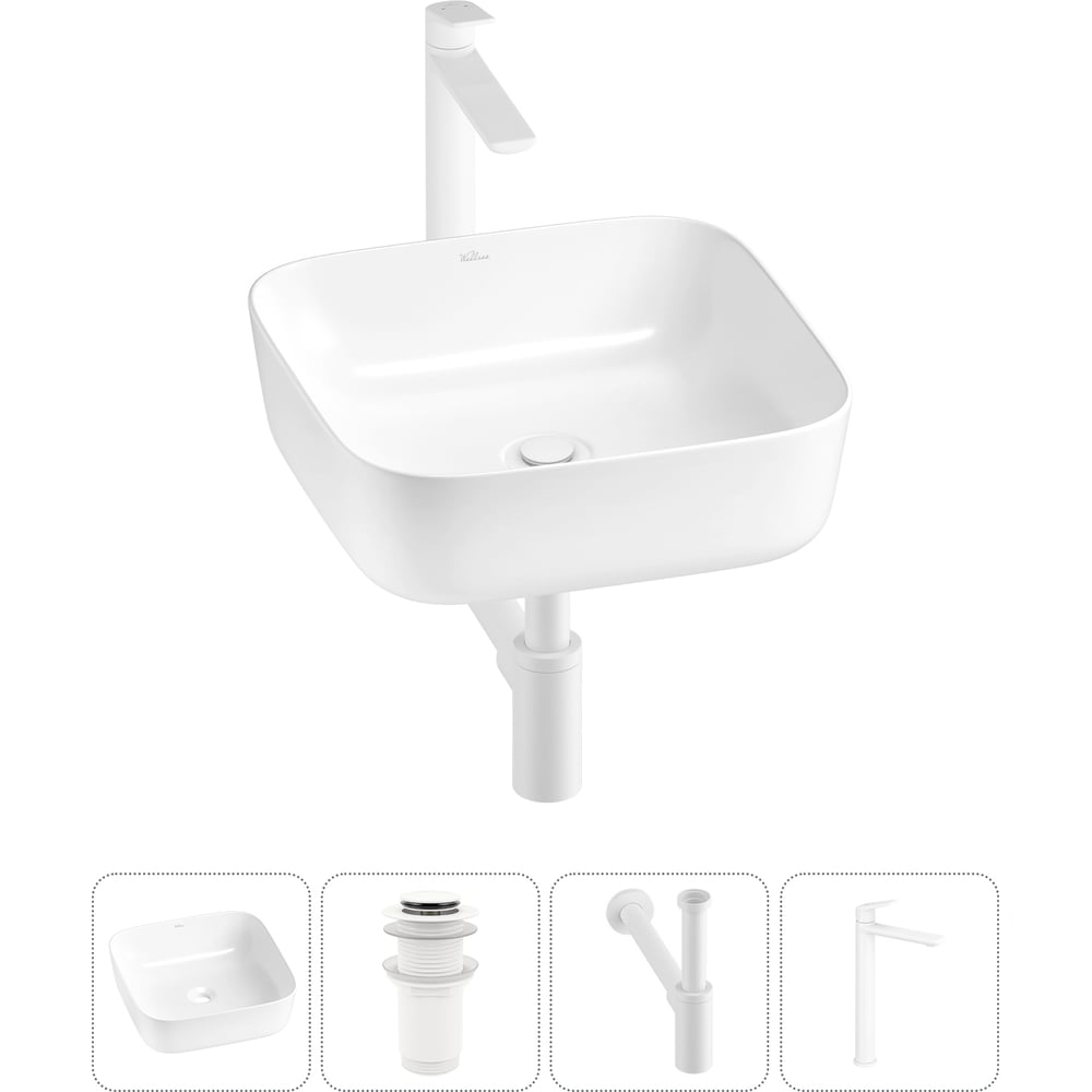 Изображение товара Набор для ванной комнаты Wellsee 4 в 1 Preen накладная раковина смеситель сифондля комплект