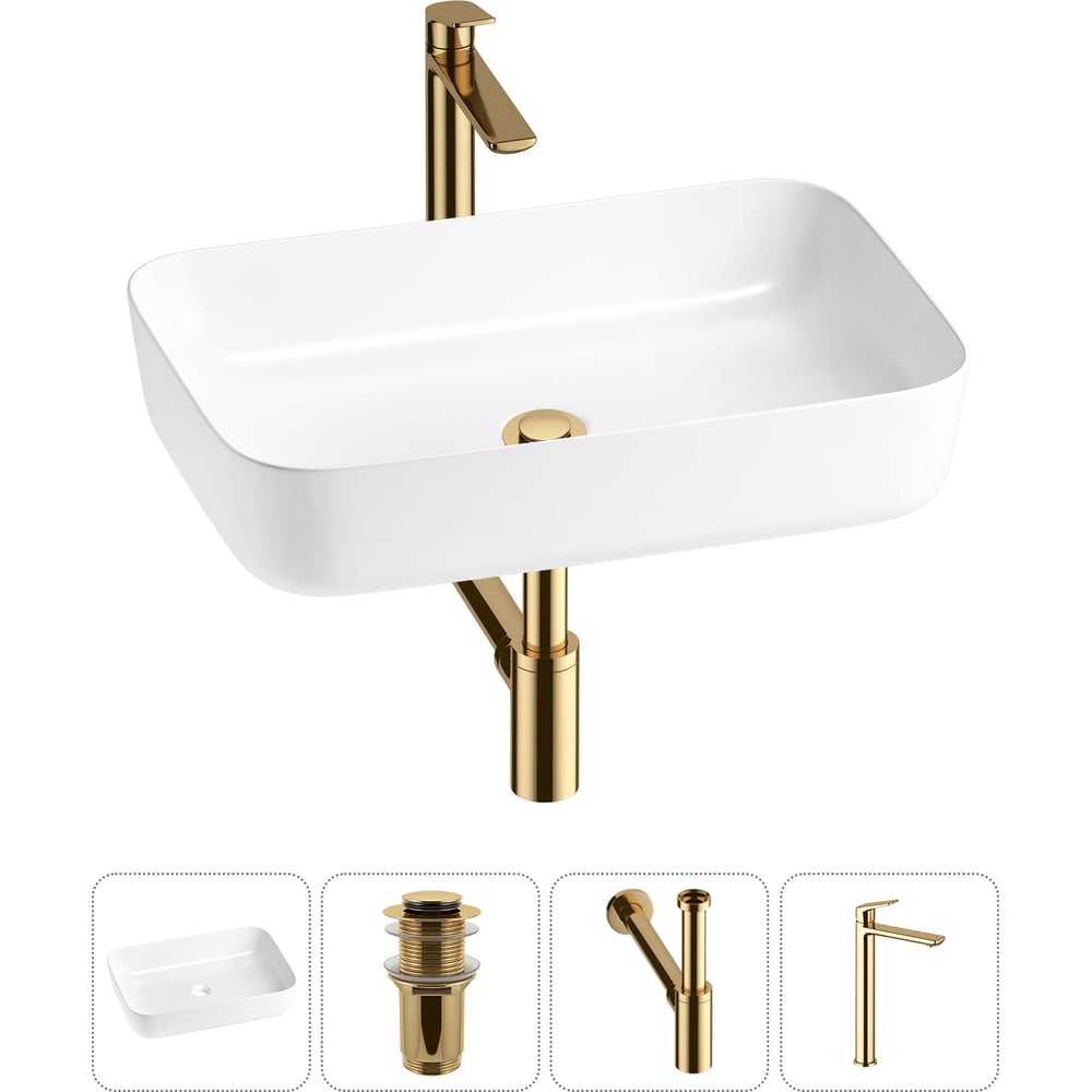 Изображение товара Набор для ванной Wellsee 4 в 1 Preen раковина и смеситель глянцевый белый