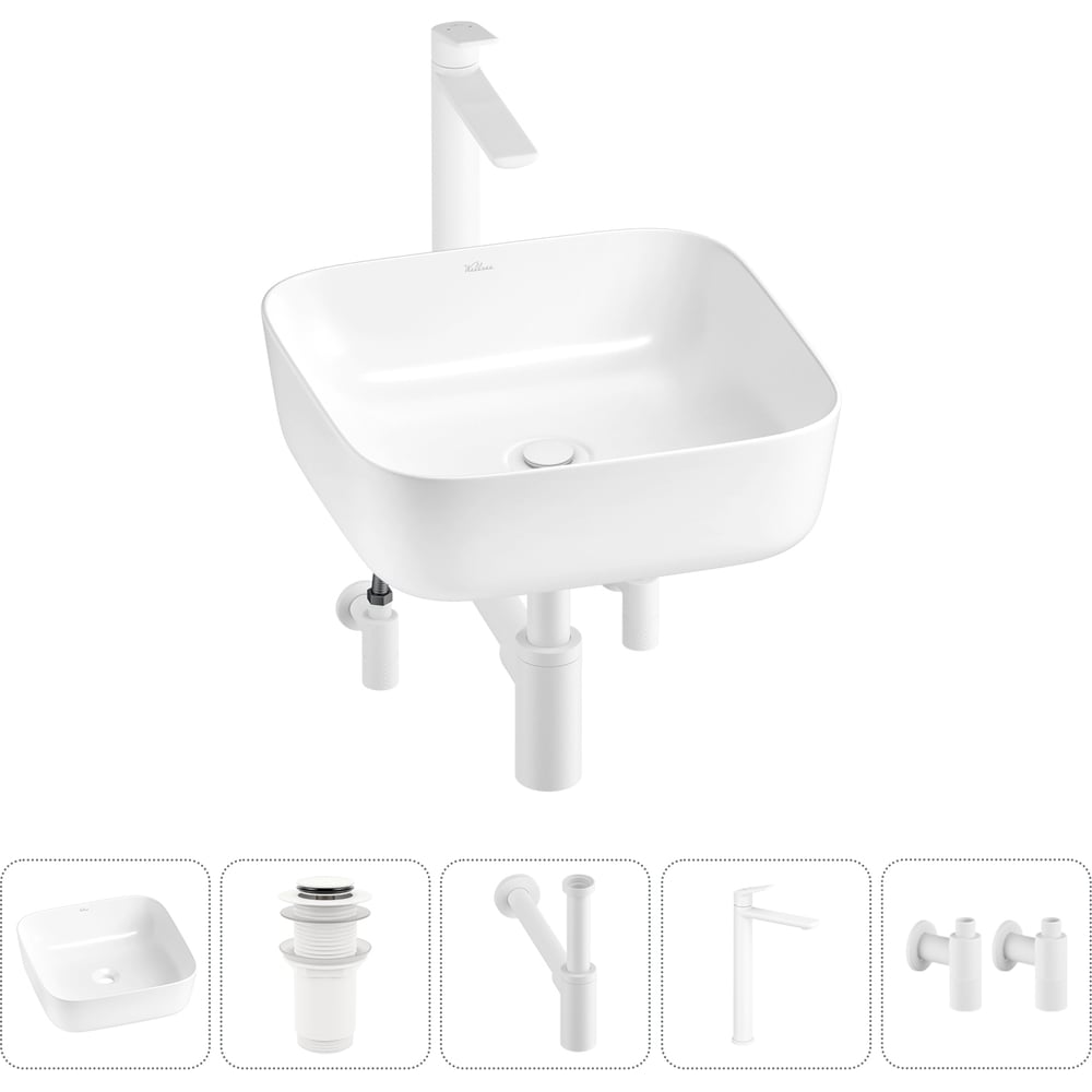 Изображение товара Набор раковина Wellsee 5 в 1 Preen 39x39 см со смесителем и сифоном